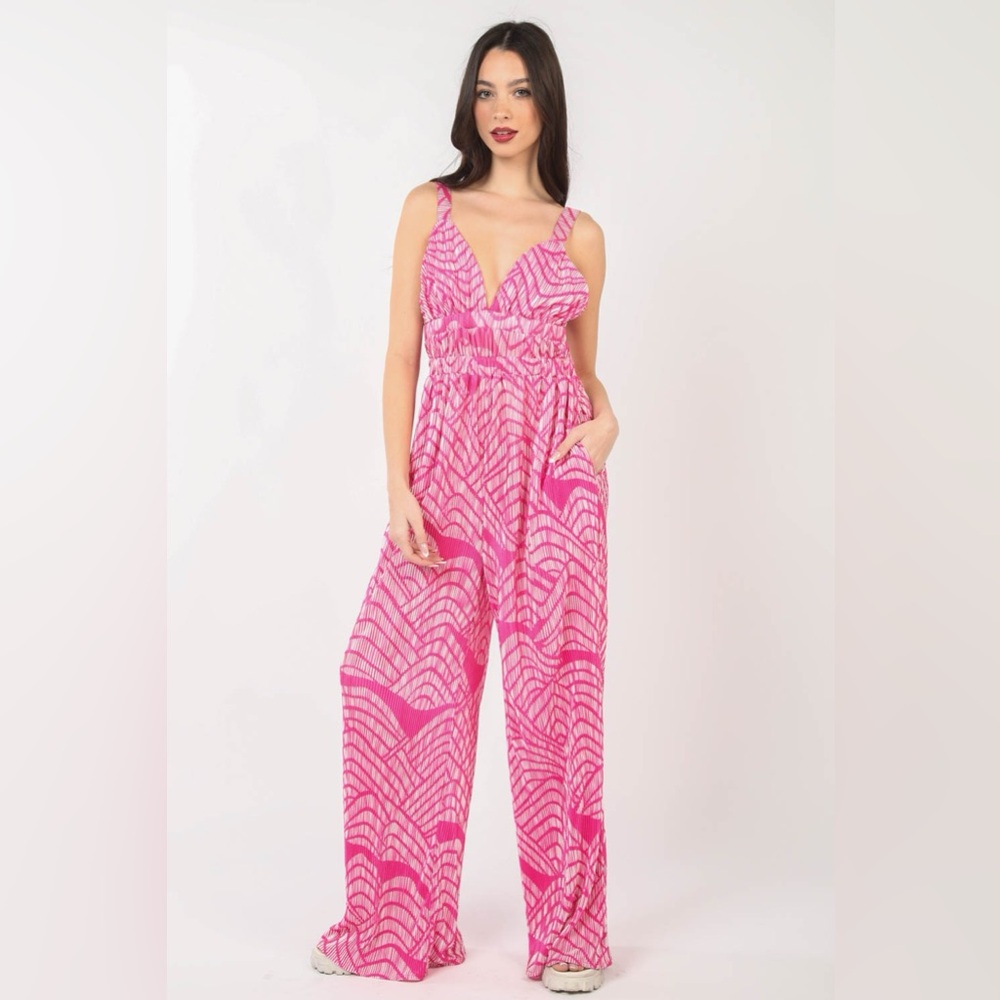 VERY J Printed Pleated Sleeveless Wide Leg Jumpsuit
